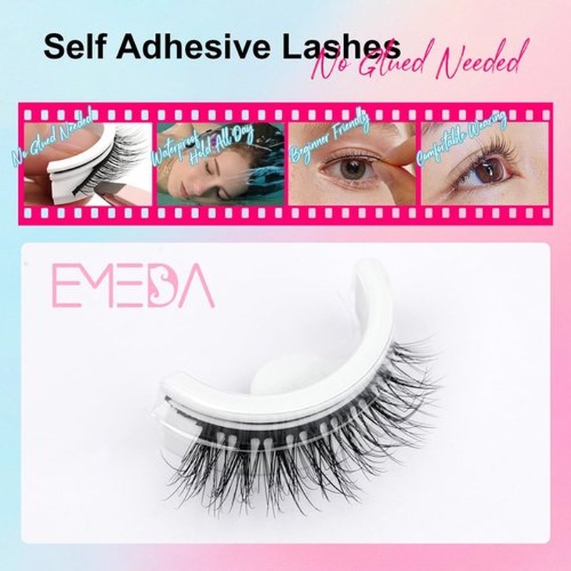 Self Adhesive Eyelashes Preglued Glueless - Natural Look No Glue Eyelashes 3D 12mm Natural Cat Eye Waterproof Glueless No Glue Needed Reusable Stick on False Strip Lashes by EMEDA (6D46 with Tweezers)