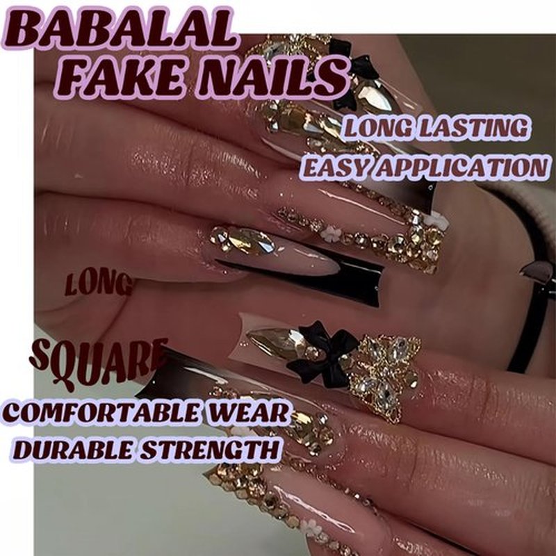 BABALAL Press on False Nails - Long Square Fake Nails Black Goth French Tip Glue on Acrylic Nails, Luxury Butterfly Charm Rhinestone Bling 24Pcs Handmade Glossy Squoval Manicure Artificial