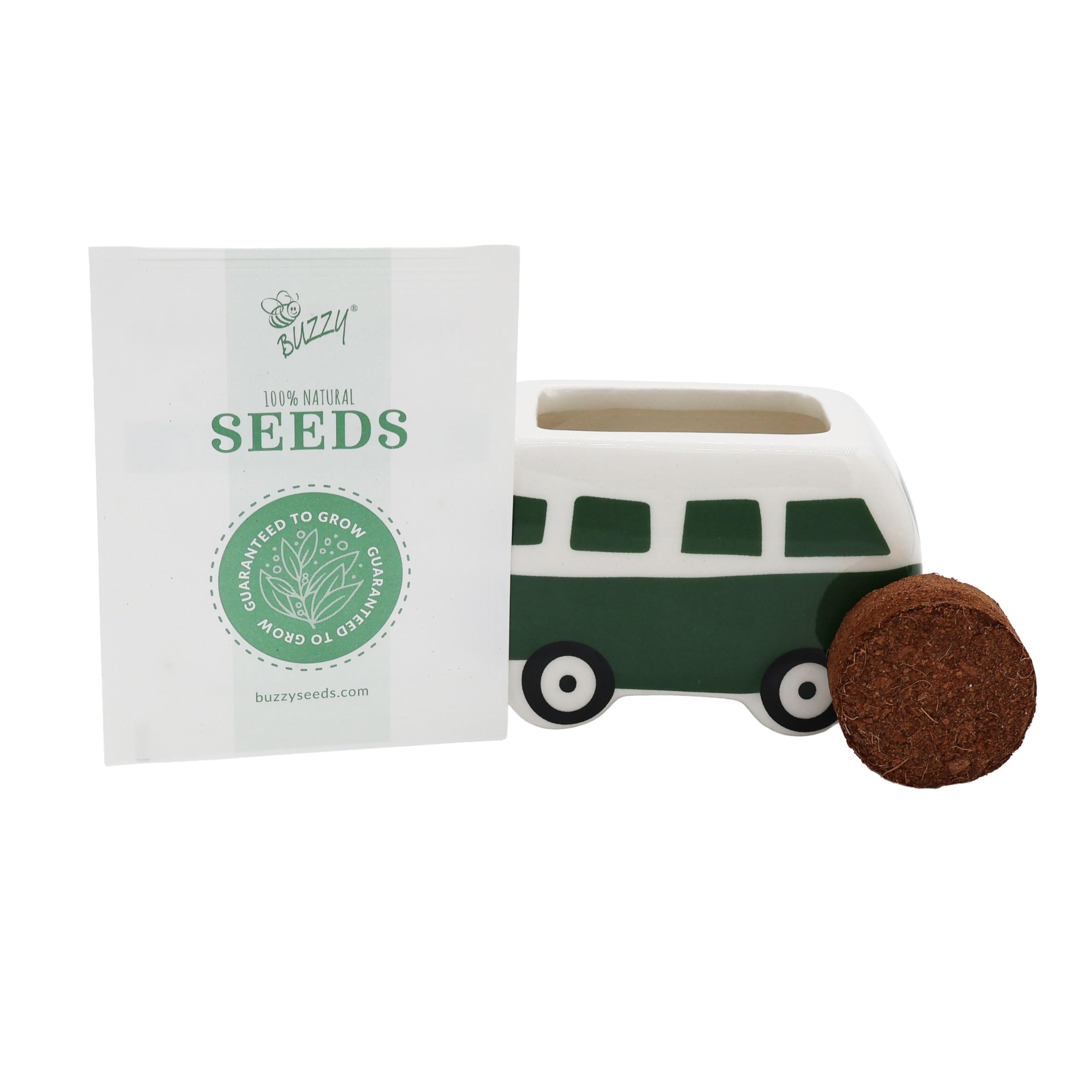 BUZZY Seeds Mini Ceramic Flower Bus Grow Kit 4-Pack - Bus Ceramic Planter - Complete Indoor/Outdoor Gardening Kit with Seeds, Coconut Husk Growing Medium & Genuine Pots - 100% Grow Guarantee