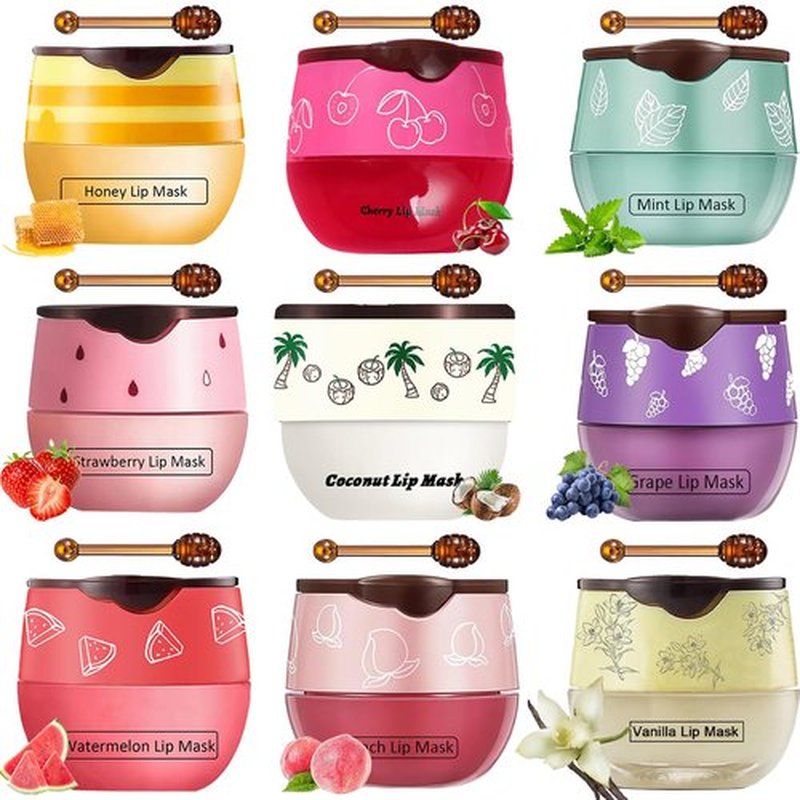 FNOLECY 9 PCS Bee Lip Balm Honey Pot, Strawberry Watermelon Cherry Coconut Peach Mint Grape Vanilla, Honey Lip Balm Bulk with Stick, Lip Mask Overnight Hydrating for Dry and Crack