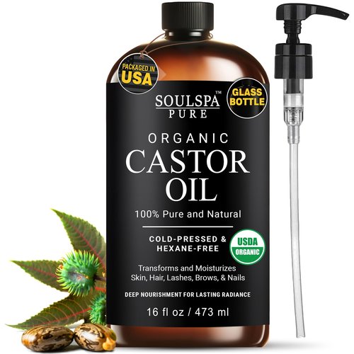Organic Castor Oil for Hair, Scalp, Skin, Face & Eyelashes | USDA Certified | 100% Pure Castor Oil Organic Cold Pressed Unrefined Glass Bottle, Hexane Free - Soulspa Pure - 16 fl oz