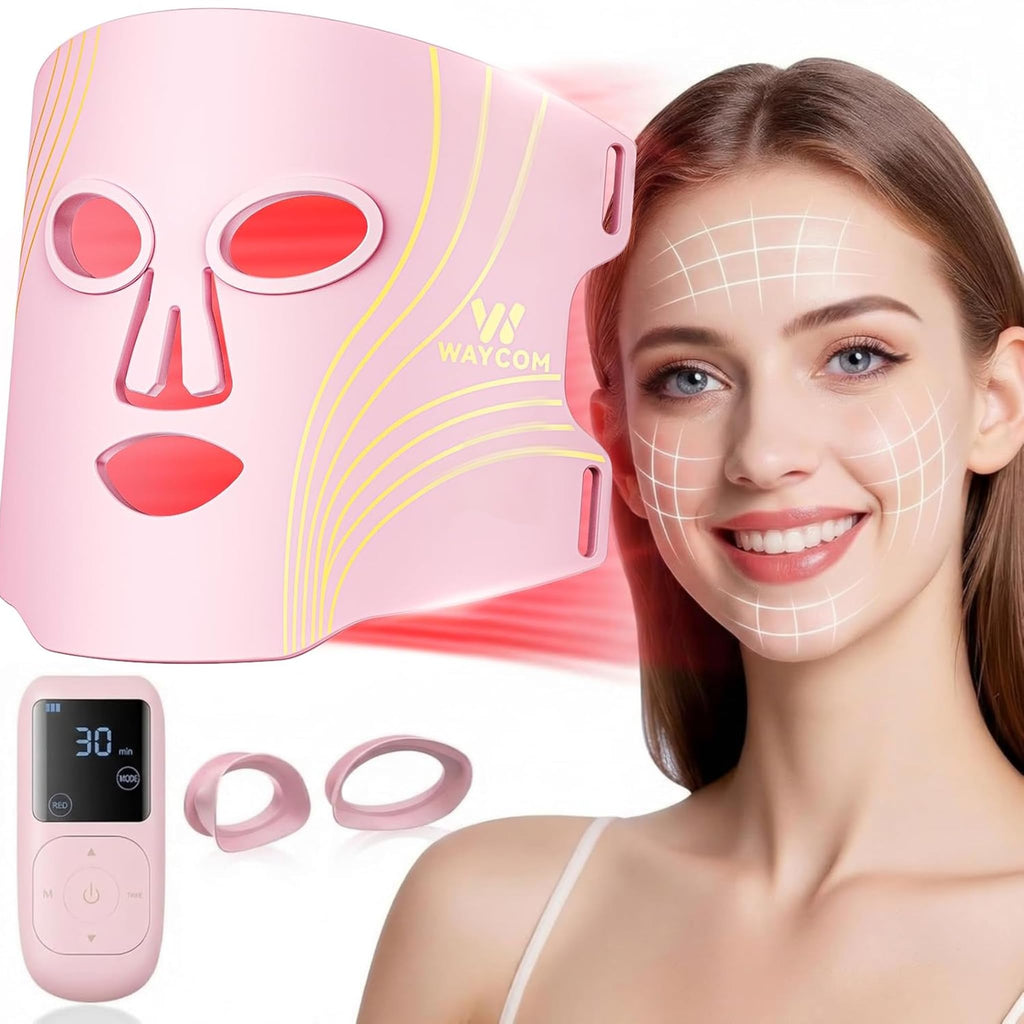 WAYCOM Red Light Therapy for Face: FDA-Cleared Portable LED Light Therapy Mask for Skincare - 400 LEDs 850nm Infrared & Blue Red Light Therapy at Home with Rechargeable Timing Function Remote