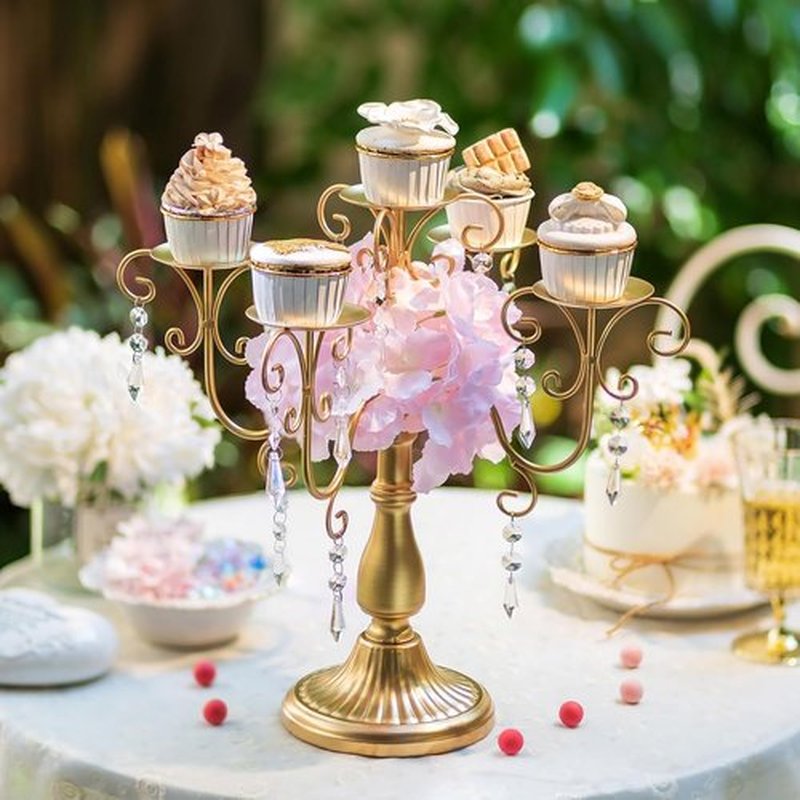 Sziqiqi Gold Candelabra Centerpiece - 5 Arm Pillar Candle Holder with Crystal Beads for Weddings & Events