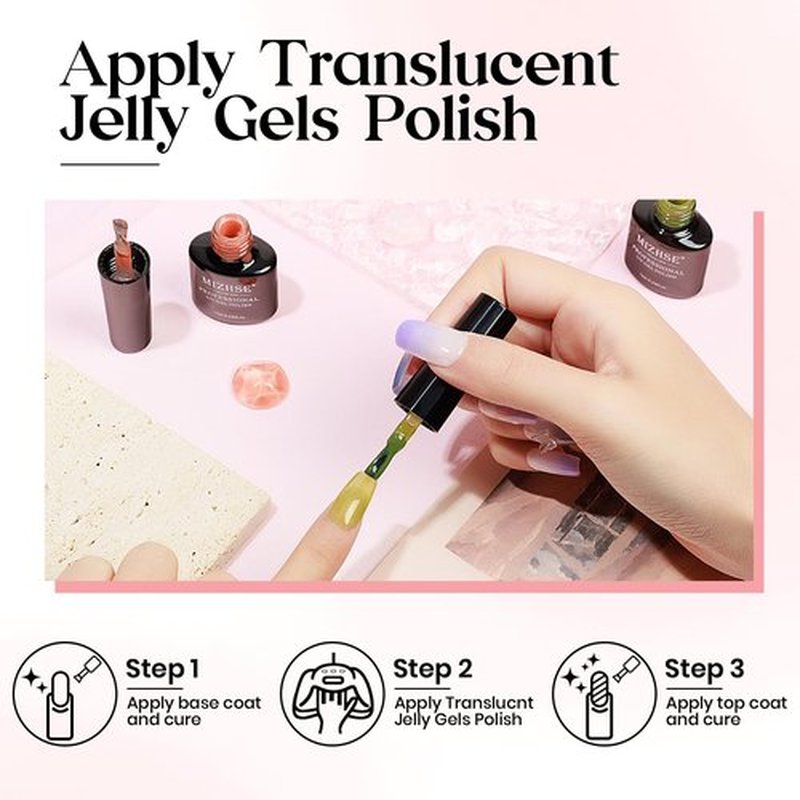 MIZHSE Jelly Gel Polish Nude Translucent 12 Colors, Spring Clear Pink Jelly Gel Nail Polish Set UV/LED Sheer Manicure DIY Nail Art for Home Salon