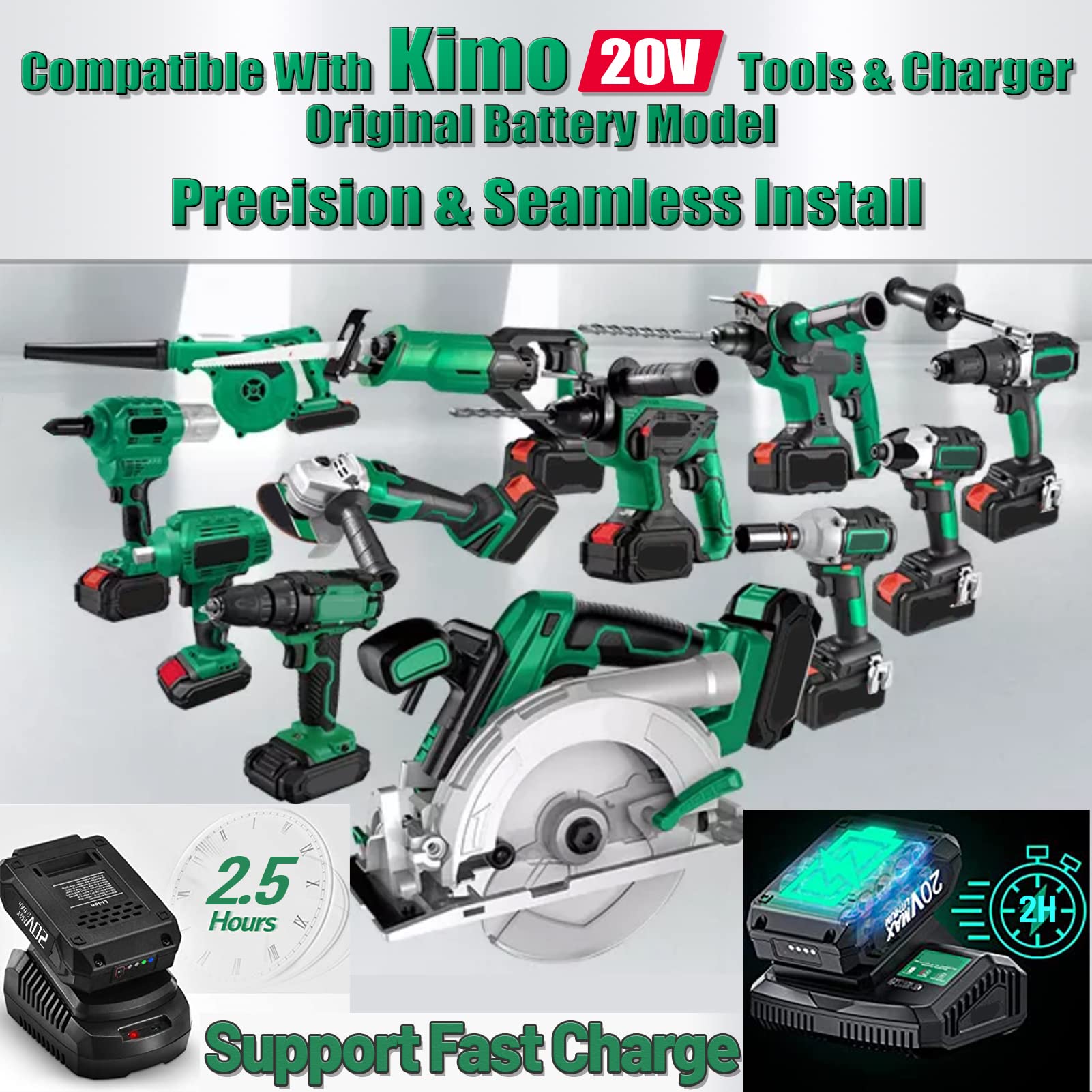 【Upgrade】 2Pack CaliHutt 6000mAh Replacement Battery for KIMO 20V Lithium Battery for KIMO 20V Cordless Blower Wrench Nailer Drill