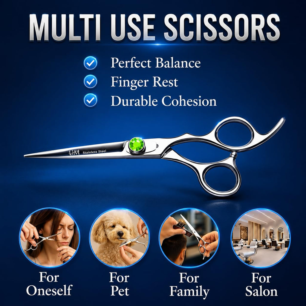 UM Supplies Scissors 6.5 | Premium Barber Shears For Hair Cutting | Multiple Purpose Cutting Scissors | Haircut Scissors For Salon I Women | Mens | kids I Pets | Silver-Green