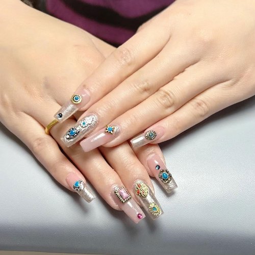 Retro Turquoise Totem Flower 3D Alloy Nail Art Mix Color Nail Charms, DIY Nail Art Decorations 50pcs