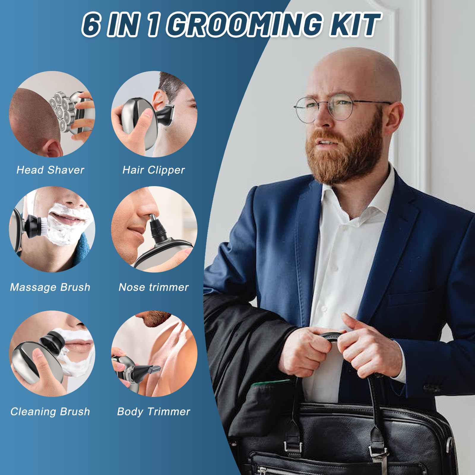 Electric Head Shavers for Men：- 6 in 1 Head Shavers for Bald Men, IPX6 Waterproof Men's 8D Electric Head Razor, Wet&Dry Rotary Shaver Grooming Kit with Nose Beard Trimmer Hair Clipper