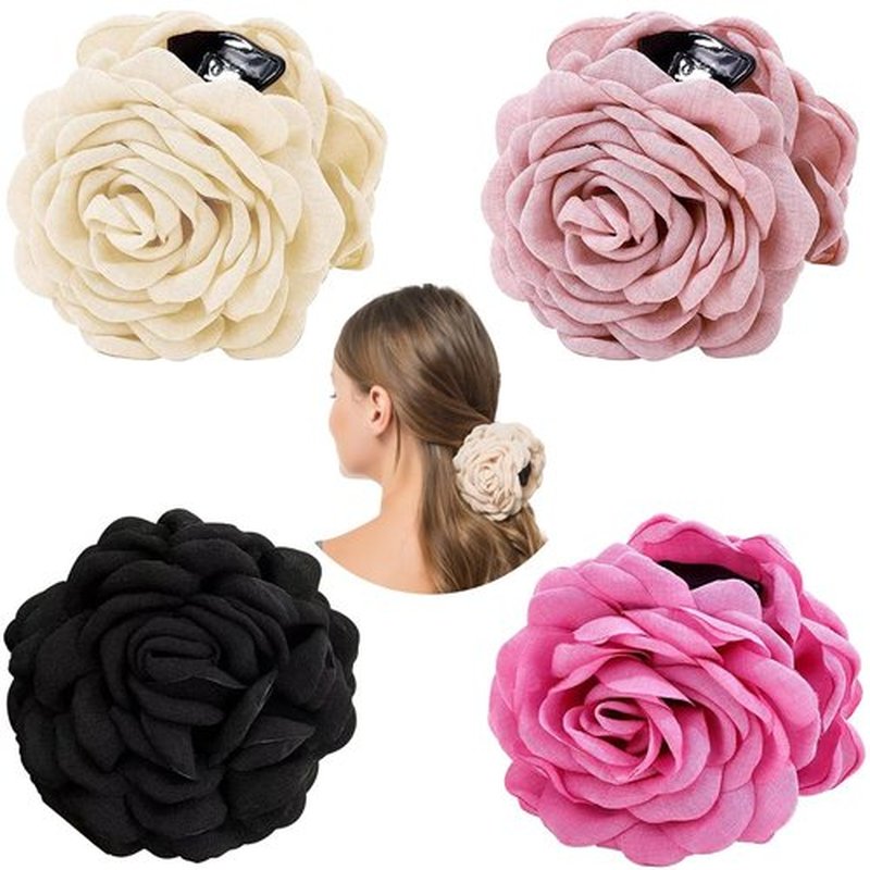 4 PCS Rose Flower Claws Clips Large Hawaiian Rose Hair Clips Floral Hair Clip Roses Hair Claw Hairpin Fabric Silk Hawaiian Flower Hair Pin Non Slip Blooming Flowers Claws Clip for Women Girls