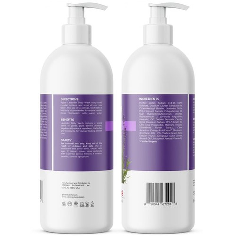 Edenika Lavender Body Wash with Vitamin E, Cleanses, Relaxes & Moisturizes, Stress Relief Shower Gel for Dry and Sensitive Skin, Women & Men, Organic & Natural, 16 fl oz, 2-Pack