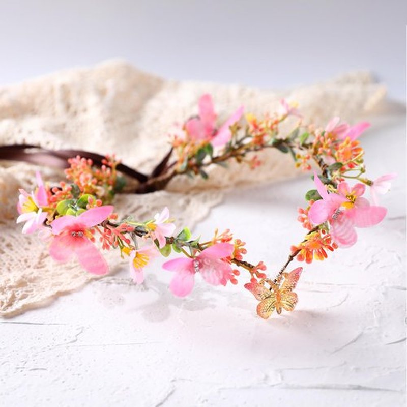 MOSTORY Pink Flower Fairy Crown - Handmade Elf Headpiece Floral Tiara with Butterfly Woodland Circlet for Women Girls Spring Wedding Renaissance Party Cosplay Photo Shoot