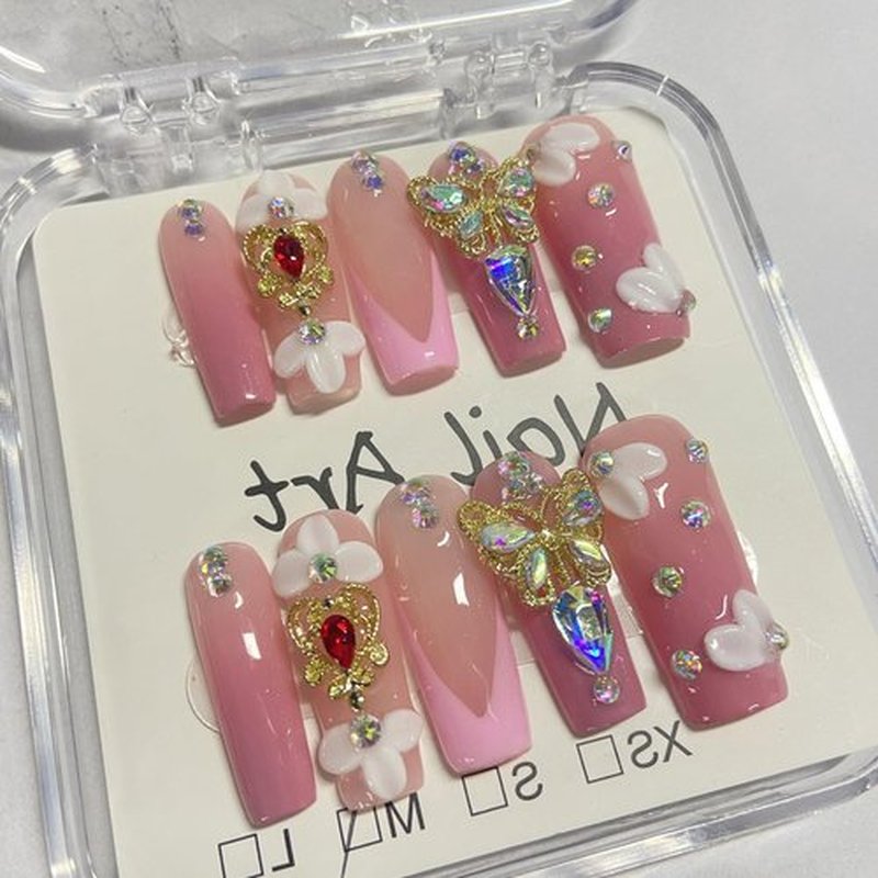 Handmade Press on Nails Flower Press on Nails Pink French False Nail 3D Rhinestones Butterfly Designs Long Coffin Fake Nails Full Cover False Nail Acrylic Nails for Women Art Manicure (Size M)