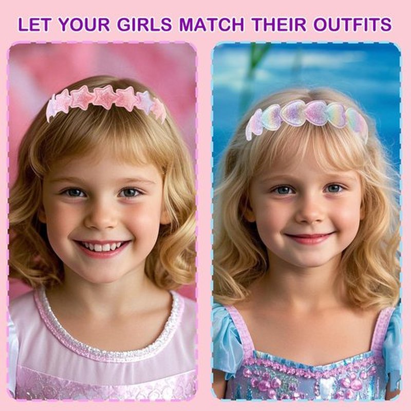 PUSABAOWO Headbands for Girls 6 Pack Toddler Headbands Glitter Kids Hairband Cat Bow Heart Star Crown Hair Accessories for Toddler Girls Teens