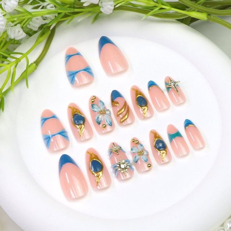Medium Press on Nails Almond Fake Nails Blue French Tip False Nails with Flower Pearl Designs Gold Lines Acrylic Nails for Women 24Pcs