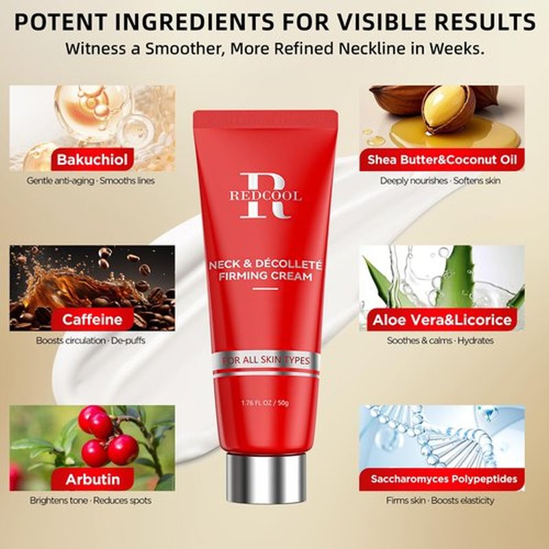 Redcool Neck Cream - Retinol & Collagen Neck Firming Cream for Wrinkles, Moisturizing and Anti-Aging, Perfect for Neck & Décolleté Skin Care - 1.76 fl.oz