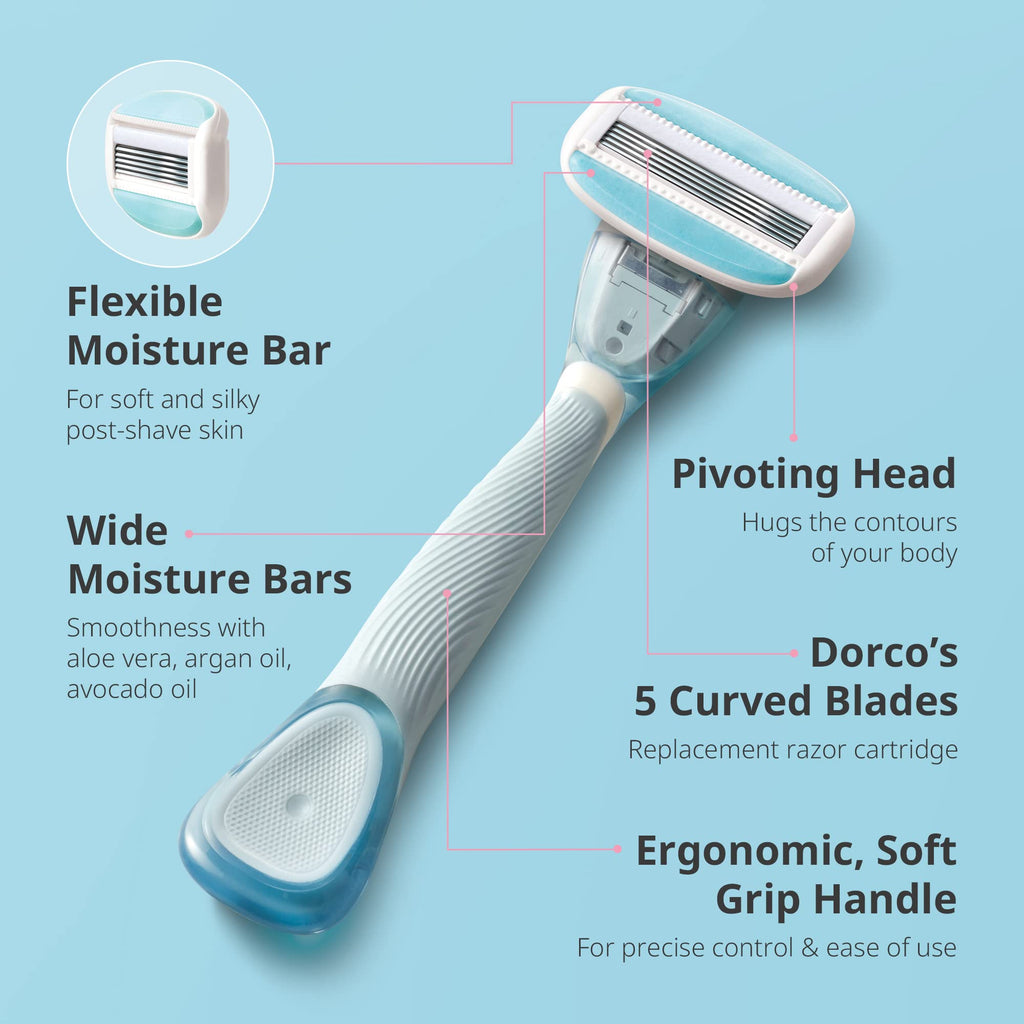 DORCO eve Pack of 5 Razors for Extra Smooth Shaving (No Razor Handle, 8 Piece Razor Blade Refills), Razors for Shaving with Aloe Vera Moisture Bar, Interchangeable Cartridge for Sensitive Skin