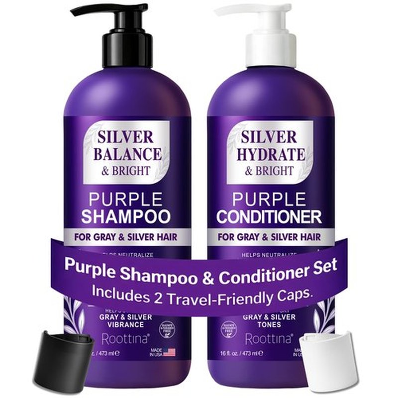 ROOTTINA Silver Shine Sulfate Free Brass Toning Purple Shampoo and Conditioner Set for Gray, Blonde & White Hair – Neutralizes Brass, Enhances Shine, Supports Cool Tone, Made in USA, 16 fl oz