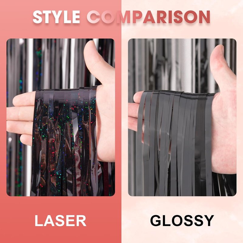 Voircoloria Laser Black Foil Fringe Backdrop Curtains - 3 Pack Tinsel Streamers for Parties & Events | 3.3 x 8.2 ft