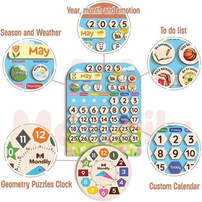 Skiennix Interactive Wooden Calendar for Kids Ages 3+ | Teaches Seasons & Daily Activities (12 x 15 Inches)