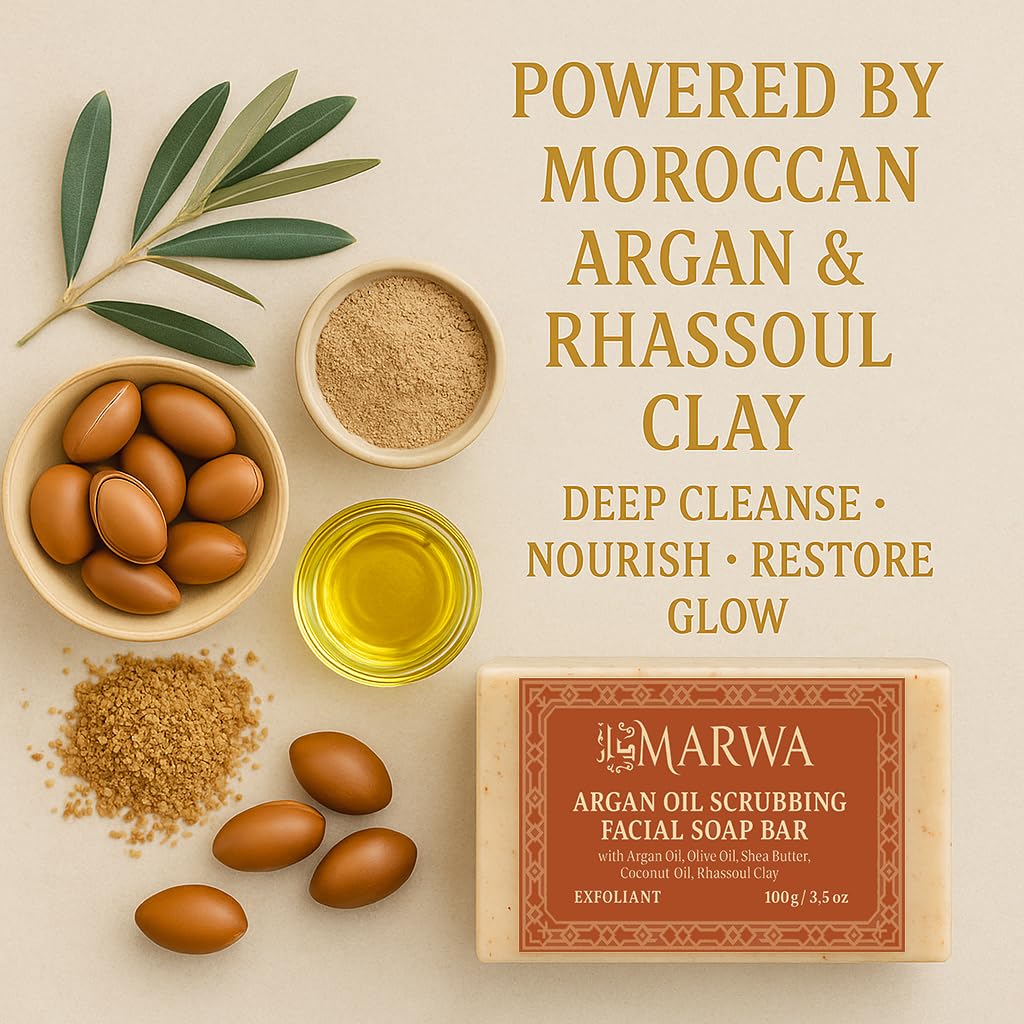 Dar Marwa Organic Vegan Argan Oil Exfoliating Soap - Handmade Face & Body Bar with Antioxidant Botanicals, Rhassoul Clay & Argan Scrub, 3.5oz