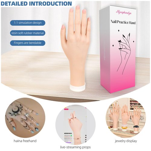 Practice Hand for Acrylic Nails, Flexible Bendable Fake Hand with Adjustable Stand, Nail Training Kit Mannequin Hand for Beginners & Nail Artists (Suction Cup Stand)