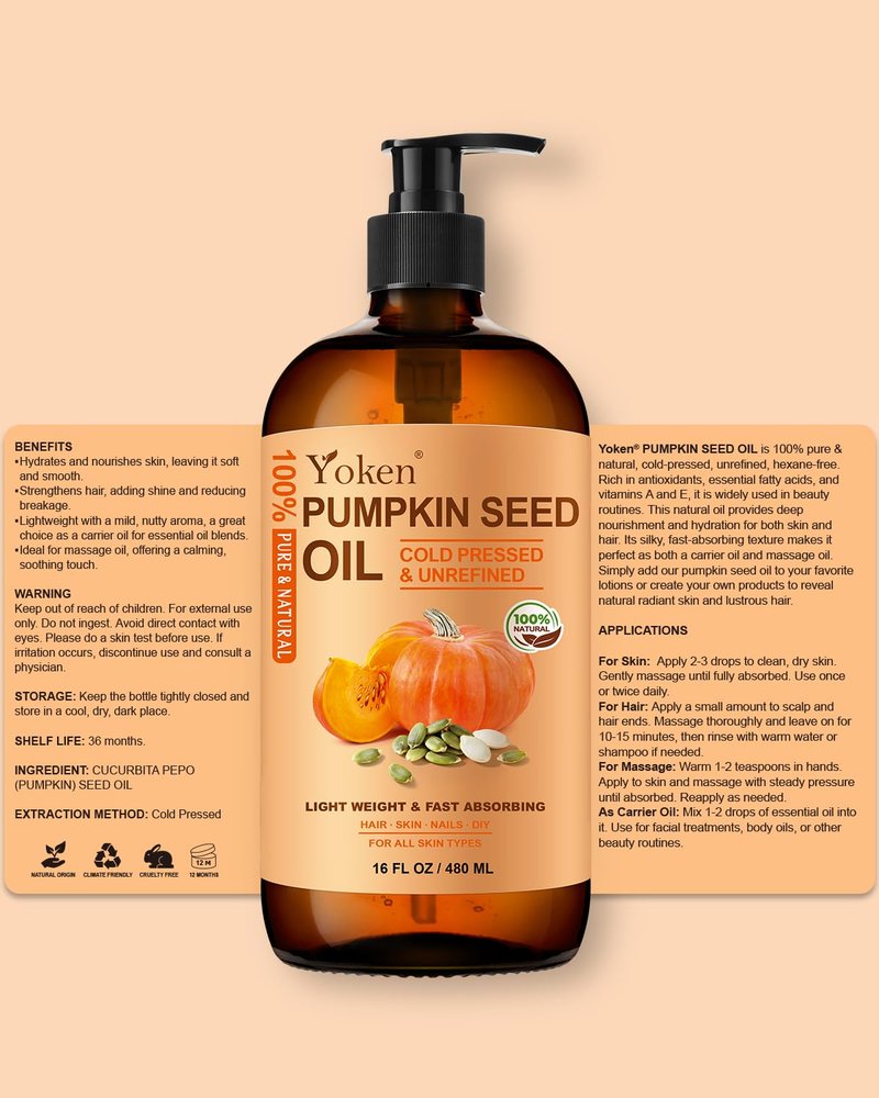 Yoken Pumpkin Seed Oil for Hair & Scalp Care, Glass Bottle, Unrefined, Cold-Pressed & Hexane-Free, Nourishes Hair, 100% Pure & Natural Pumpkin Oil for Skin & Body Massage, with Pump, 16 fl oz