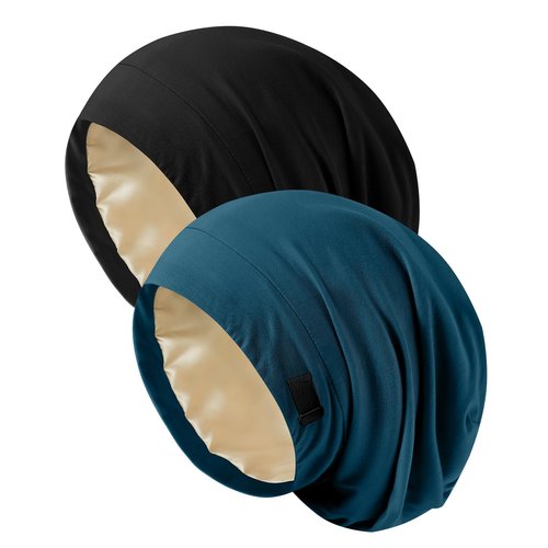 2Pcs Silk Satin Lined Bonnet for Sleeping Adjustable Slouchy Beanie Hat Night Sleep Cap for Women Men Hair Wrap for Curly Natural