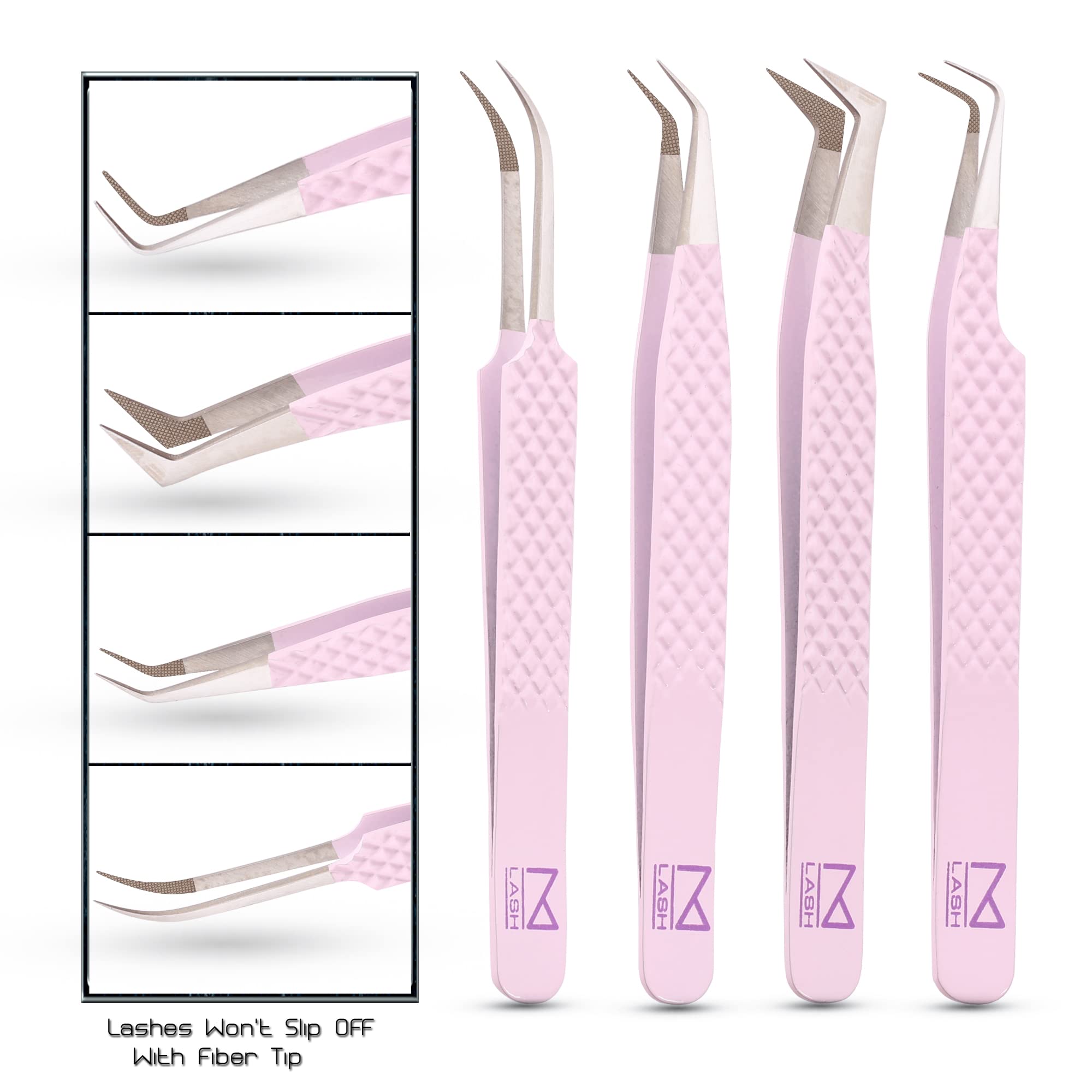 M LASH Tweezers for Eyelash Extensions (Set of 4) - Professional Lash Extension Tweezers - Fiber Tip, Japanese Steel, Diamond Grip Eyelash Extension Tweezer set (Lilac)