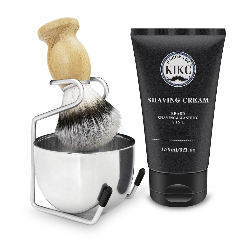Kikc 5 in 1 Shaving Kit, Shaving Brush Kit for Men,Set Include Synthetic Shave Brush, Stainless Lathering Bowl, Shave Brush Stand, Shaving Cream, Shave Manual, Best Gift for Bearded Man,Silvery Set
