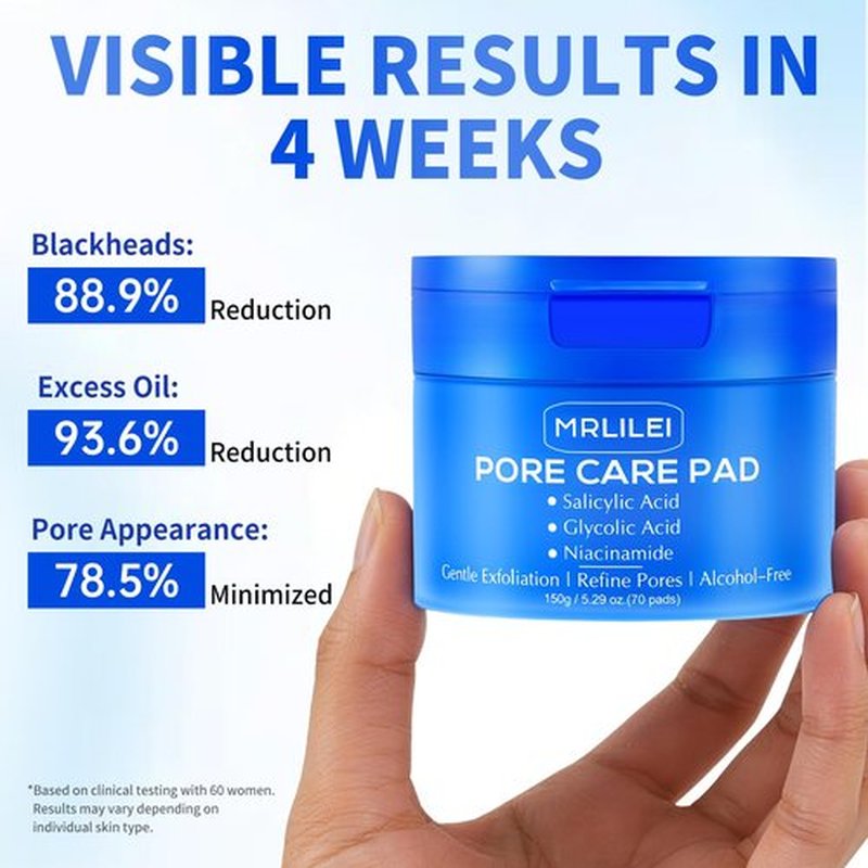 Mrlilei beauty BHA Salicylic Acid Toner Pads with Pore Care - Dual-Textured Facial Exfoliation Toner Pads with Glycolic Acid, Niacinamide Daily Face Skincare - 70 Pads + 4 Trial Pads