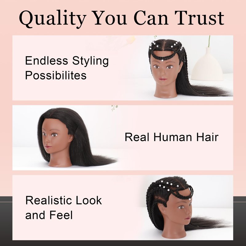 YODIDI Mannequin Head with 100% Human Hair, Manikin Head Human Hair Cosmetology Doll Head for Hair Styling Hairdresser Practice Braiding with Table Clamp Stand and Tools (16 inch)