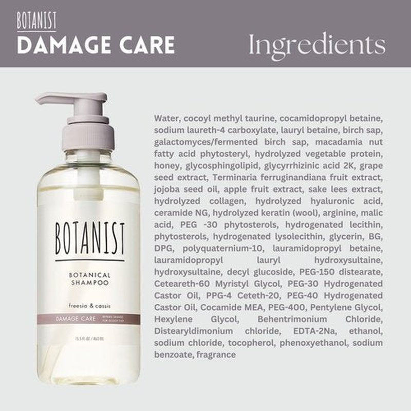 Botanist Organic Shampoo for Women, Paraben and Sulfate Free Shampoo for Color Treated Hair with Keratin, Proteins, Collagen& Hyaluronic Acid from Japan 15.5Fl Oz FREESIA & CASSIS, DAMAGE CARE