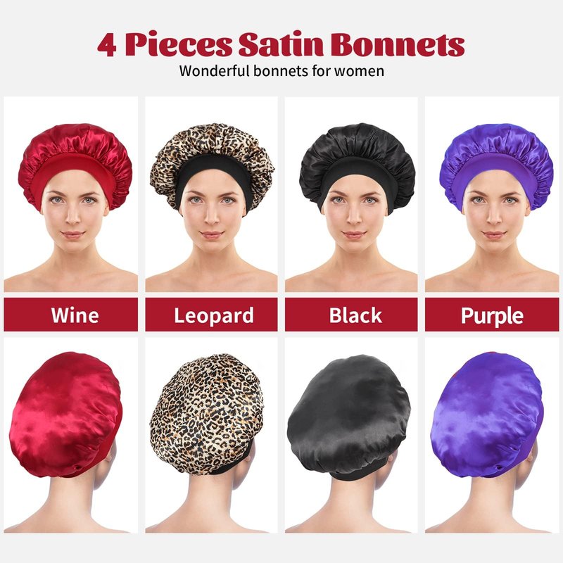 ZHENSILK 4Pcs Silk Bonnet for Sleeping, Satin Hair Bonnets, Soft Elastic Band Silk Sleep Cap, Hair Wrap for Women(Black Wine Red Purple Gold)