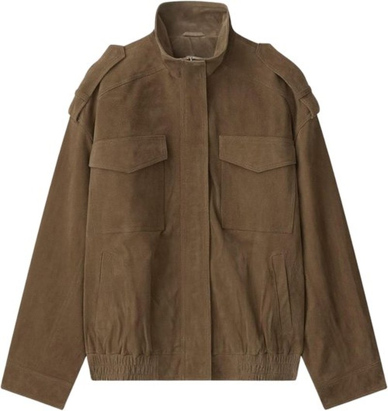 FindThy Suede Leather Jacket - Vintage High Collar, Long Sleeve, Oversized Coat with Pockets