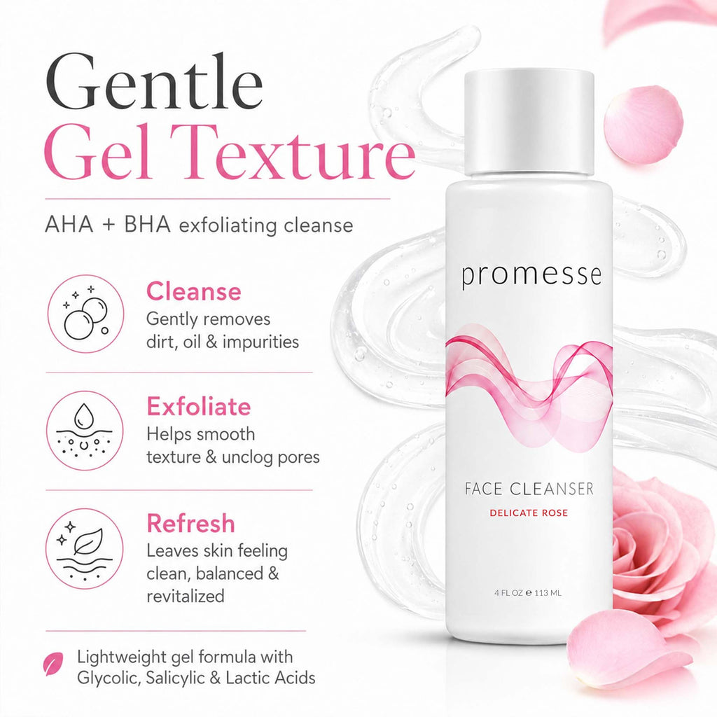 promesse Acne Control Facial Cleanser with Glycolic & Salicylic Acid, Gentle AHA/BHA Exfoliating Cleanser for Acne-Prone & Oily Skin, Rose Scented Hydrating Face Wash, 4 fl oz