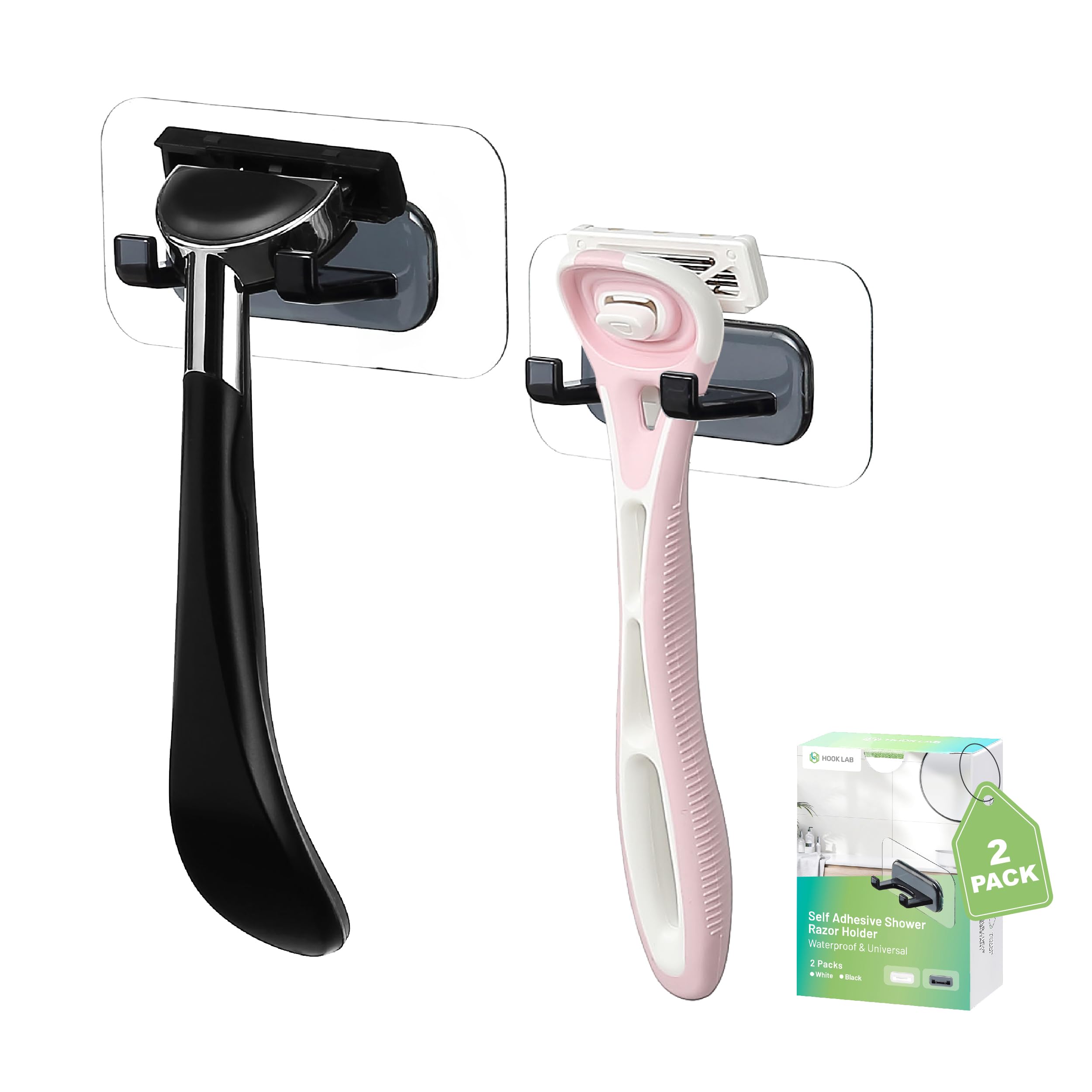 Hook LAB Shower Razor Holder, 2-Pack, No-Drill Adhesive Hooks - Black