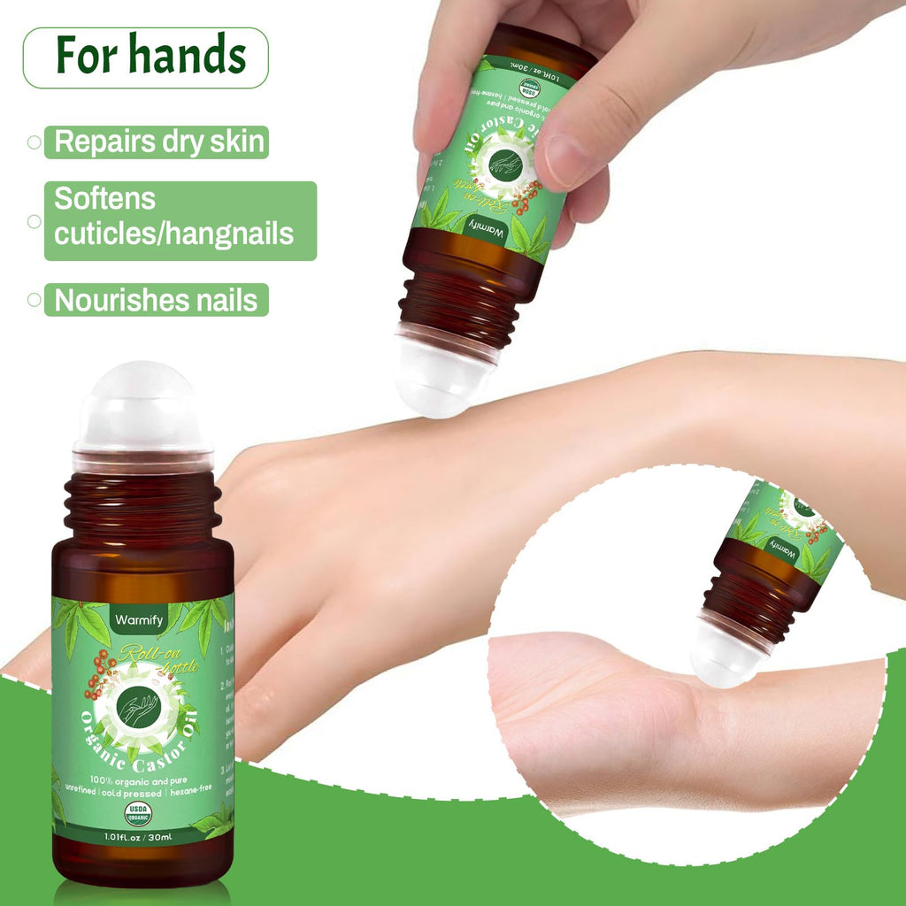 Warmify 2-in-1 Castor Oil Roll On for Face & Hands, Organic Cold Pressed, Hexane-Free, Unrefined Glass Bottle – Targeted Roller Balls for Eye, Lip, Skin, Nail & Cuticle Care – 2 x 1 fl.oz