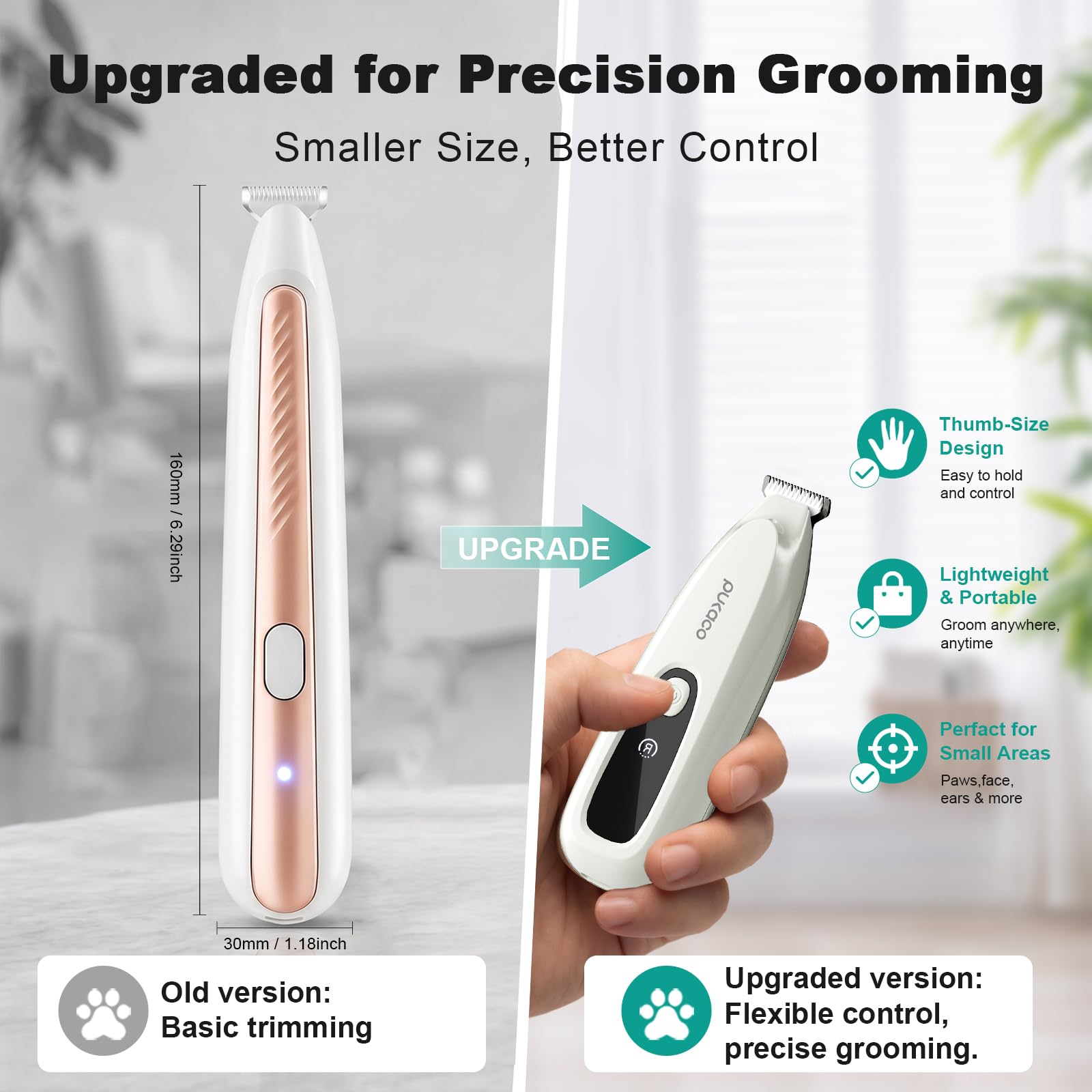 PUKACO 2026 Upgraded Dog Paw Trimmer with LED Light, Low Noise Small Pet Hair Trimmer 18mm Wide Curved Blade, 35dB Cordless Waterproof Pet Paw Grooming Clippers for Dogs, Cats, Paws, Ears, Face, Rump