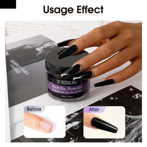 Rosalind Black Acrylic Nail Powder 50g/1.76oz - Crystal Polymer Black Nail Powder for Acrylic Extension, No Lamp Needed