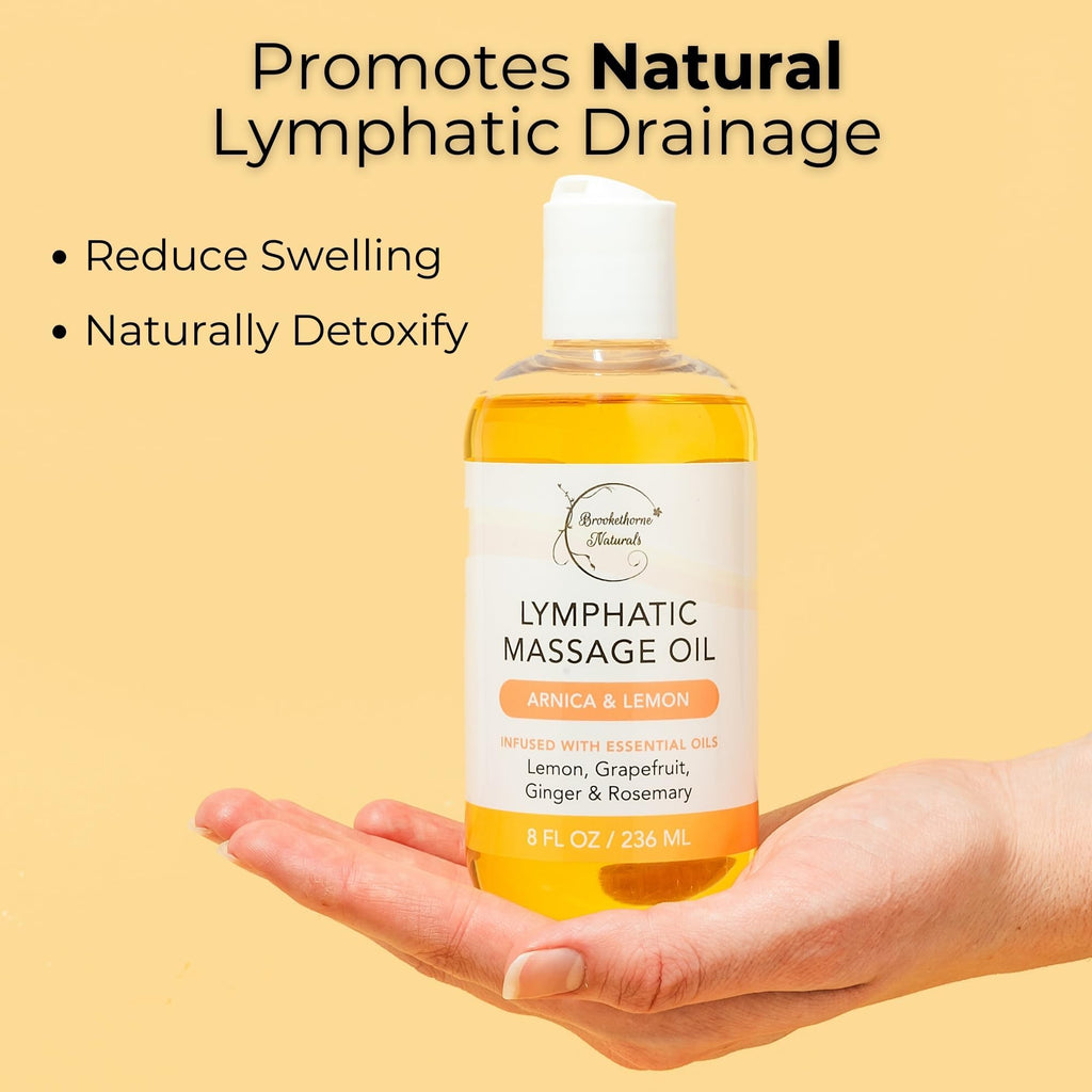Lymphatic Massage Oil for Massage Therapy | 100% Natural Lymphatic Drainage Oil | Premium Quality with Arnica, Lemon & Ginger | for Post Surgery Recovery & Detox | 8oz by Brookethorne Naturals