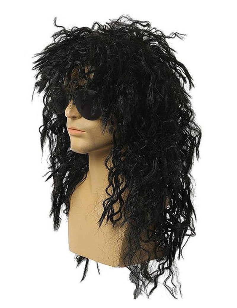 80s Costumes for Men Black Rocker Wig with Bandana Sunglasses Punk Gloves Sleeves for 70s Hippie Party Accessories