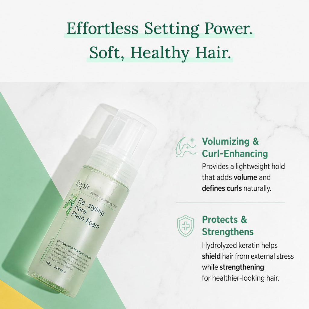 Repit Kera Plain Foam, Keratin Defining Mousse – Lightweight Volume & Flexible Hold with Keratin, 150g | RepitUSA