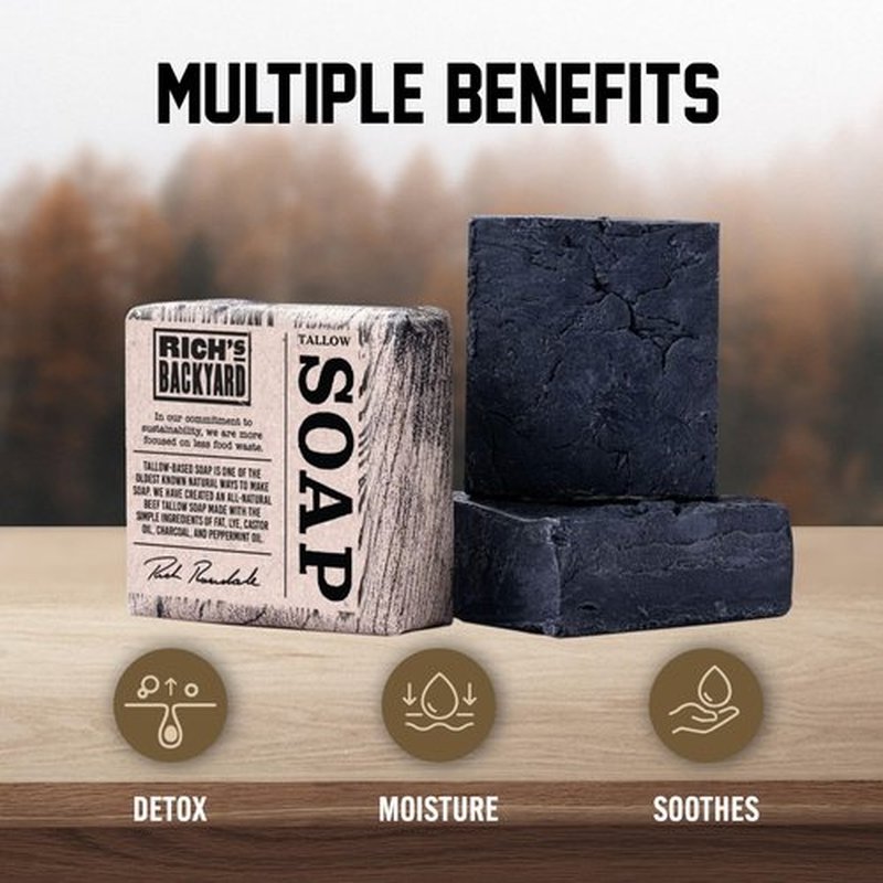 RICH'S BACKYARD All-Natural Handcrafted Beef Tallow Soap – Moisturizing & Deep Cleansing | Charcoal & Peppermint Oil | No Artificial Ingredients | Sustainably Sourced | 7 oz Bar