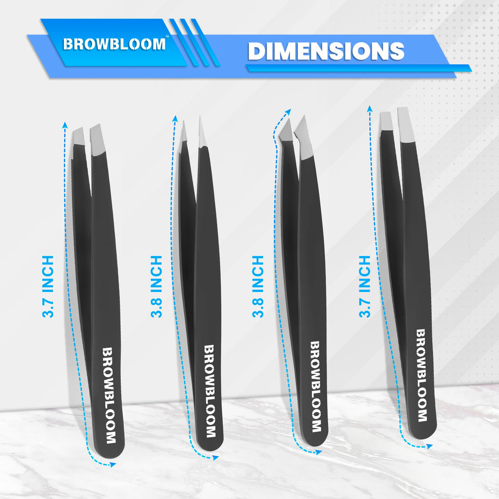 BROWBLOOM 4Piece Set of Professional Tweezers for Women Facial Hair, Black Stainless Steel Precision Tweezer for Ingrown Hair, Eyebrow Tweezers for Men Comes in Carrying Pouch (Black Set)