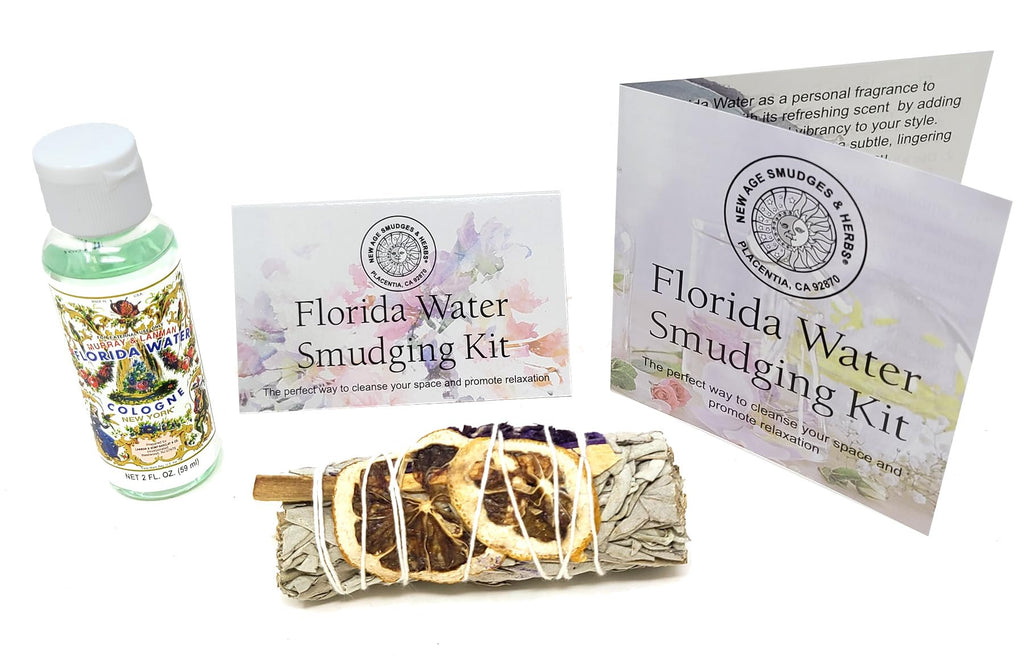 New Age Smudges & Herbs-White Sage Mix w/Lavender, Lemon Slice & Palo Santo Sage 4 inch Incense Smudge Bundle w/Florida Water 2oz Bottle- Cleansing Sage Incense & Water, Smudging Rituals. (FW-KIT-01)