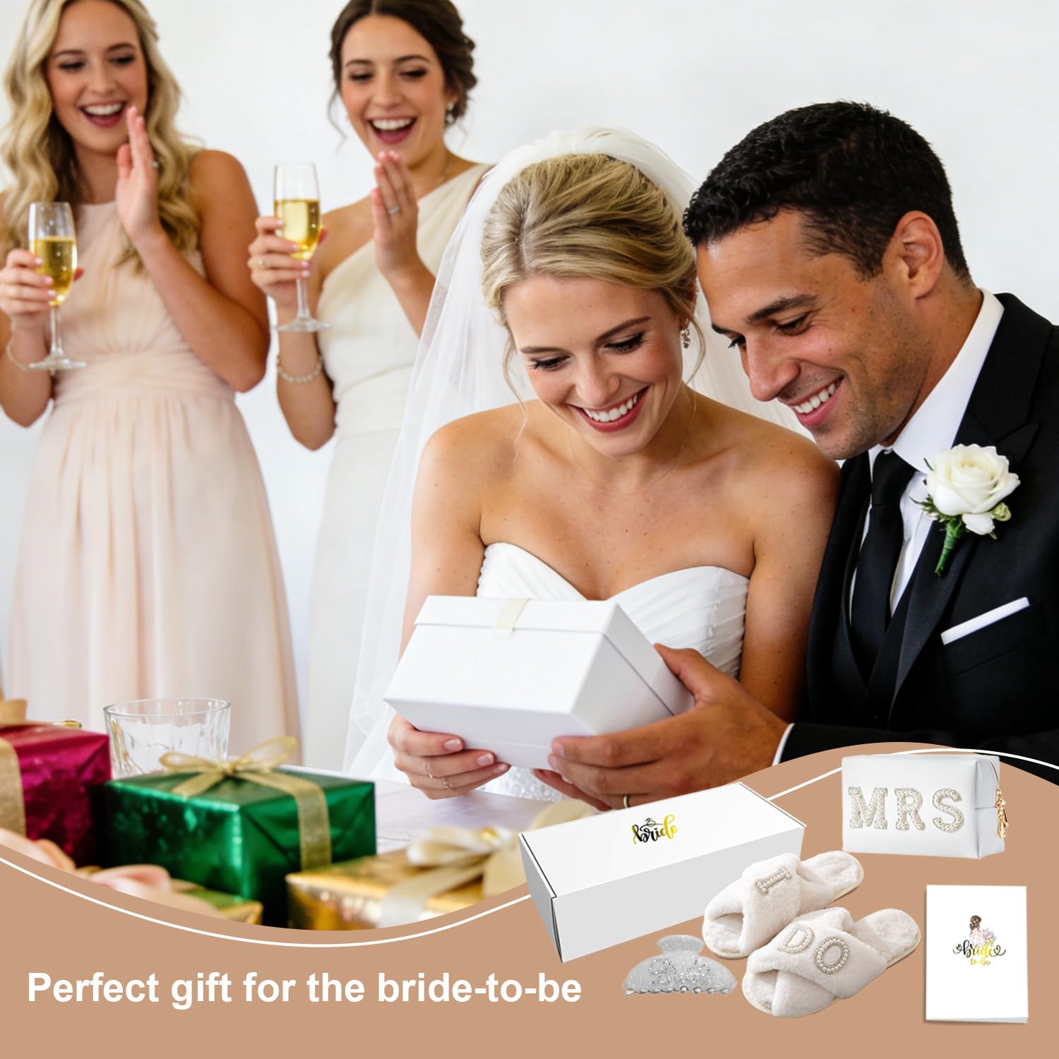 BILJOY Personalized Initial Bridal Shower Gifts Box Set, Letter I DO Bride Slippers MRS Cosmetic Bag Bride Hair Clip Wedding Gifts for Bride, Bride to be Gifts Bachelorette Gifts