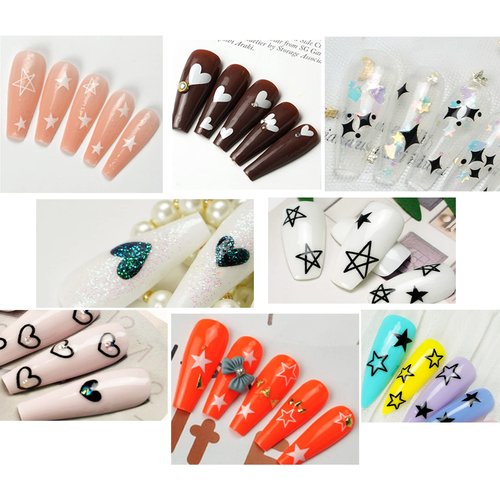 IHUKEIT Black and White Hearts Stars Nail Stickers for Women Girls Kids Nail Decoration Self Adhesive Nail Art Decals for Natural Fingernails and Acrylic Nails Designs (Pack of 10)