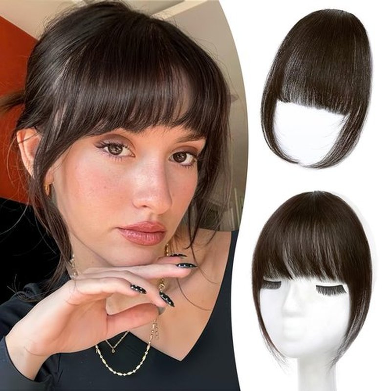 Mesariel Clip in Bangs Real Human Hair Fake Clip on Bangs for Women Dark Brown Air Wispy Fringe with Temples Curved Hairpieces for Daily Wear