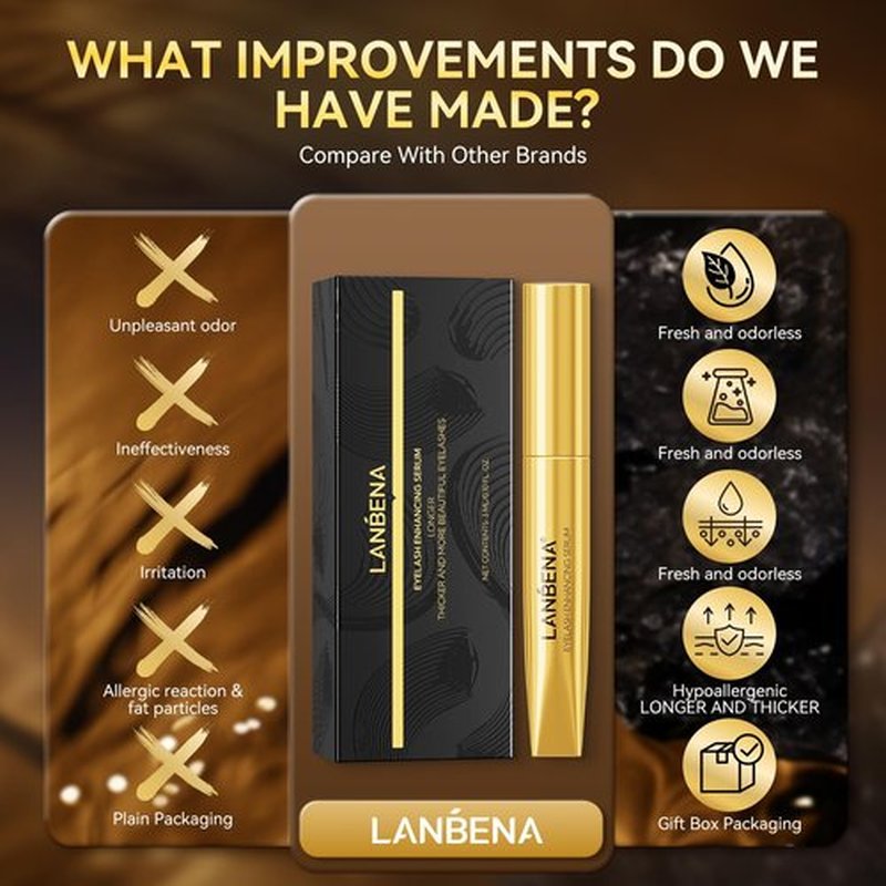 LANBENA EYELASH ENHANCING SERUM - Advanced Formula for Thicker, Longer Lashes & Brows | 3mL/0.10 fl oz - Vegan, Cruelty-Free & Safe for Sensitive Eyes