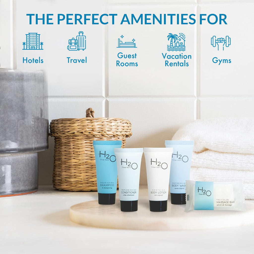 H2O Therapy Amenity & Accessory Kit | 0.85 oz Travel Size Shampoo, Conditioner, Lotion, Body Wash, Massage Bar, Cleansing Bar, Shave & Dental Sets, Make-Up Remover Wipes, & Vanity Kit | 15 sets/case